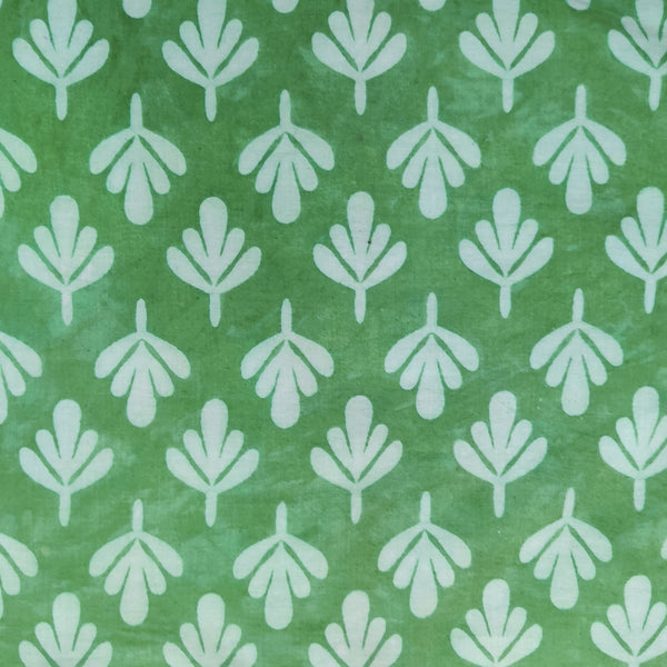 Precut 2 Meter Pure Cotton Dabu Green With Leaf MotifHand Block Print Fabric