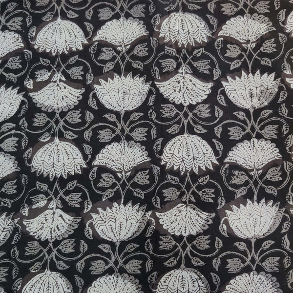 Blouse Piece 1 meter Pure Cotton Dabu Jahota Black Grey With Lotus Jaal Hand Block Print Fabric