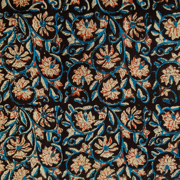 Pure Cotton Dabu Jahota Black With Maroon And Blue Flower Jaal Hand Block Print Blouse Fabric ( 1.25 Meters )