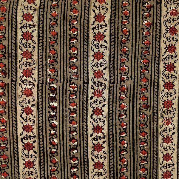 Pure Cotton Dabu Jahota  Brown With Intricate Floral Creeper Stripes Hand Block Print Fabric