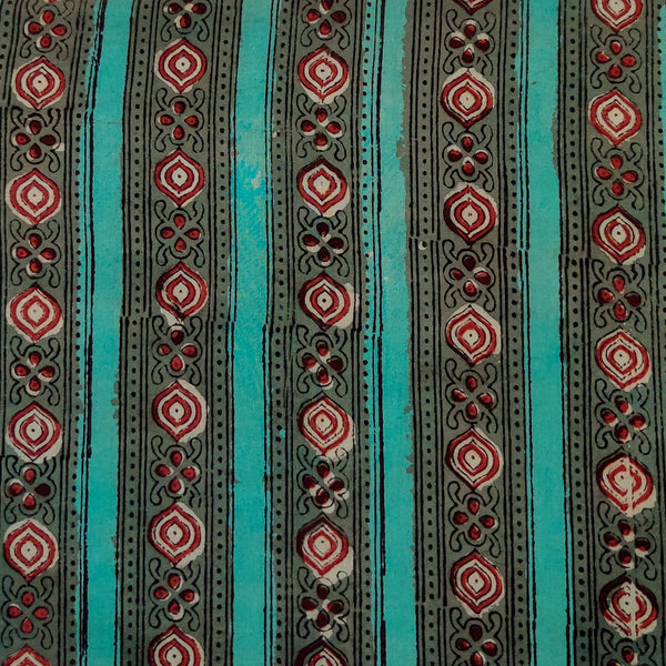 Pure Cotton Dabu Jahota Cyan With Border Stripes Hand Block Print Fabric