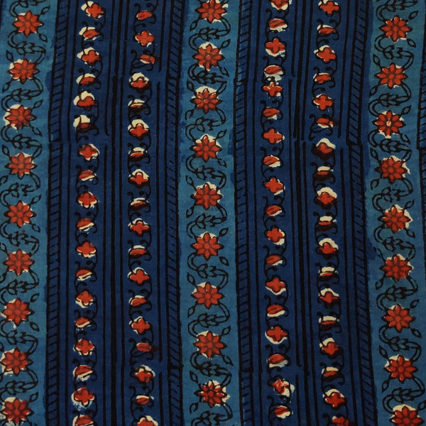 Pure Cotton Dabu Jahota Indigo With Intricate Floral Creeper Stripes Hand Block Print Fabric