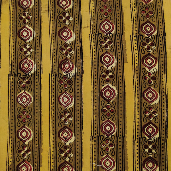 Pure Cotton Dabu Jahota Mustard Brown With Border Stripes Hand Block Print Fabric