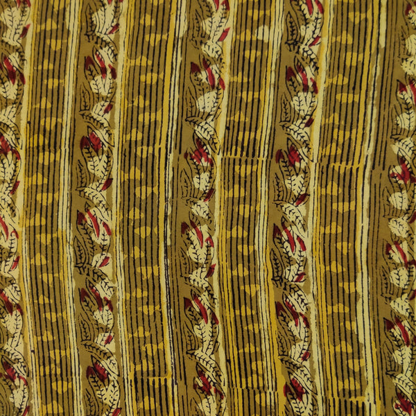 Pure Cotton Dabu Jahota Mustard With Leafy Creeper Stripes Hand Block Print Fabric