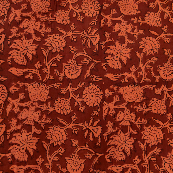 Pure Cotton Dabu Maroonish Brown With Light Red Floral Jaal Hand Block Print Fabric