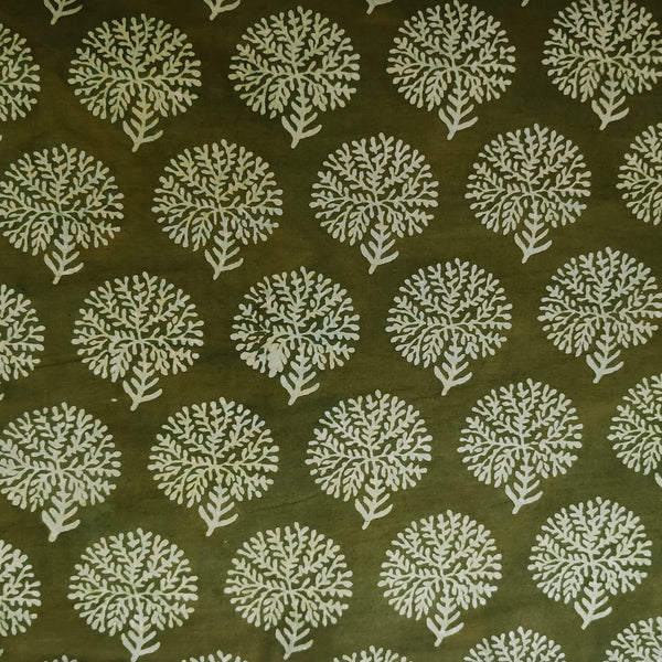 Precut 2 Meter Pure Cotton Dabu Mehendi Green With Cream Blooming Tree hand Block Print Fabric