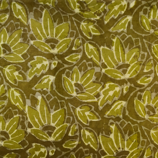 Pure Cotton Dabu Mehendi Green With Lotus In The Pond Hand Block Print Fabric