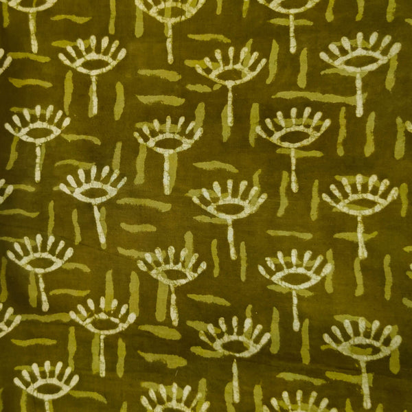 Pure Cotton Dabu Mehendi Green With Single Flower Hand Block Print Blouse Fabric ( 80 Cm )