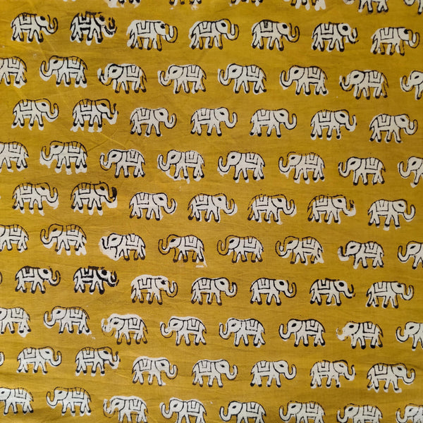 Pre-Cut 1.85 Meter Pure Cotton Dabu Mustard With Baby Elephant Hand Block Print Fabric