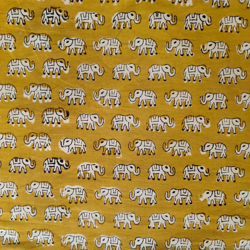 Pure Cotton Dabu Mustard With Baby Elephant Hand Block Print Fabric ...