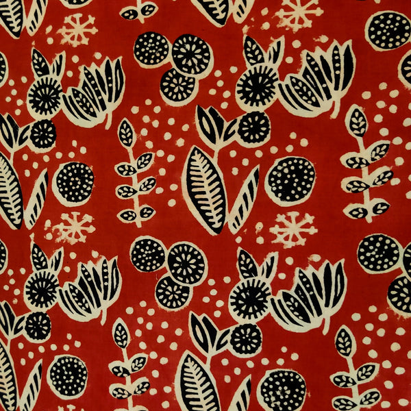 Pure Cotton Dabu Rust With Black Wild Flower Jungle Hand Block Print Fabric