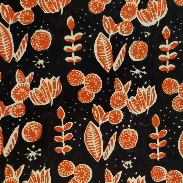 Pure Cotton Dabu With Orange Shrubs And Herbs Hand Block Print Blouse Fabric ( 1 Meter )