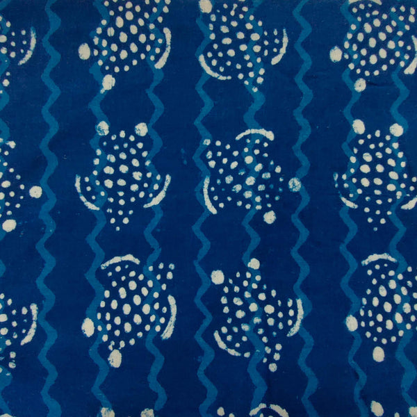 Pure Cotton Dark Indigo With Turtle In The Sea Hand Block Print blouse piece Fabric (1 meter)