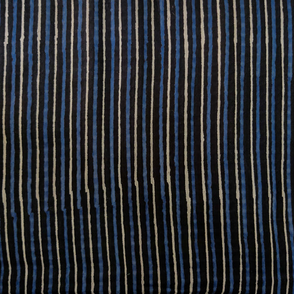 Pre-Cut 1.95 Meter Pure Cotton Doby Dabu Black With Blue Cream Motifs Hand Block Print Fabric