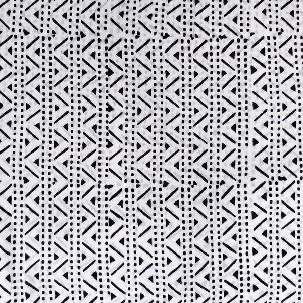 Pure Cotton White With Black Line Zig Zag Stripes Hand Block Print Fabric