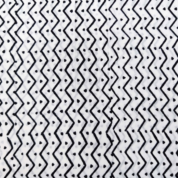 Pure Cotton White With Black Line Zigzag & Dot Stripes Hand Block Print Fabric