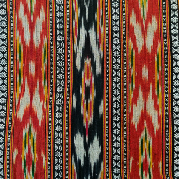 Pure Cotton Special Double Ikkat With Brownish Maroon Black And Grey Tribal Stripes Hand Woven Fabric