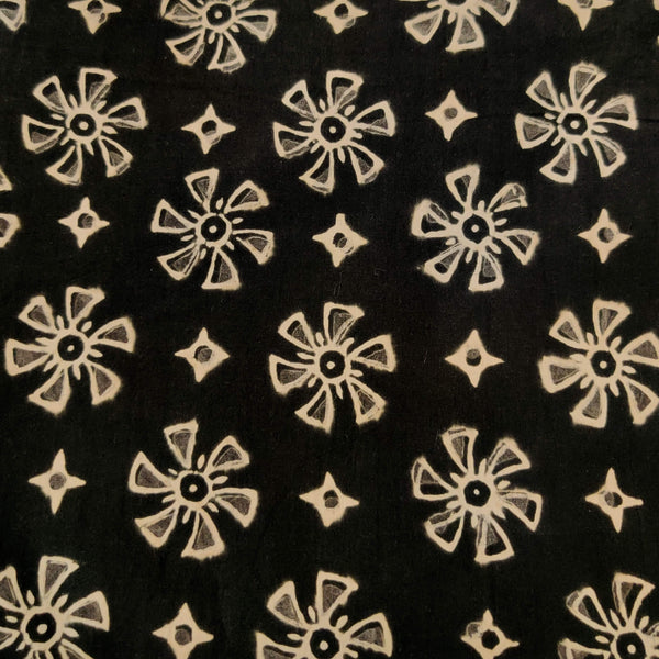 Pure Cotton Dull Black With Light Grey Flower Motif Hand Block Print Blouse Fabric ( 90 Cm )