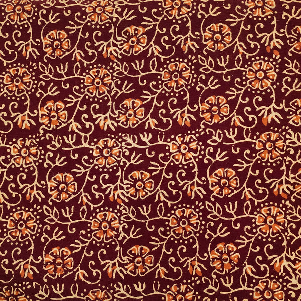 Pre-cut(2.40 meter )Pure Cotton Gamthi Maroon With Orange And Cream Jaal Hand Block Print Fabric