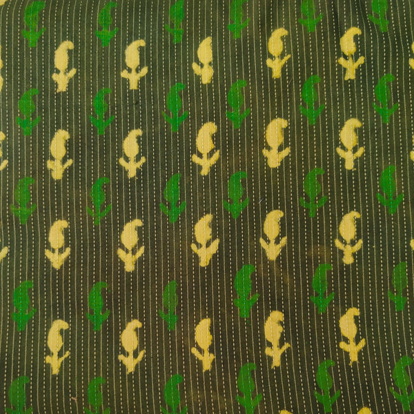 Pre-cut ( 1.60 meter )Pure Cotton Green Dabu Kaatha With Beige Green Kairi Hand Block Print Fabric