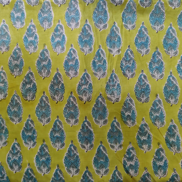 Precut 1.70 Meter Pure Cotton Green With Blue Plant Motifs Hand Block Print Fabric