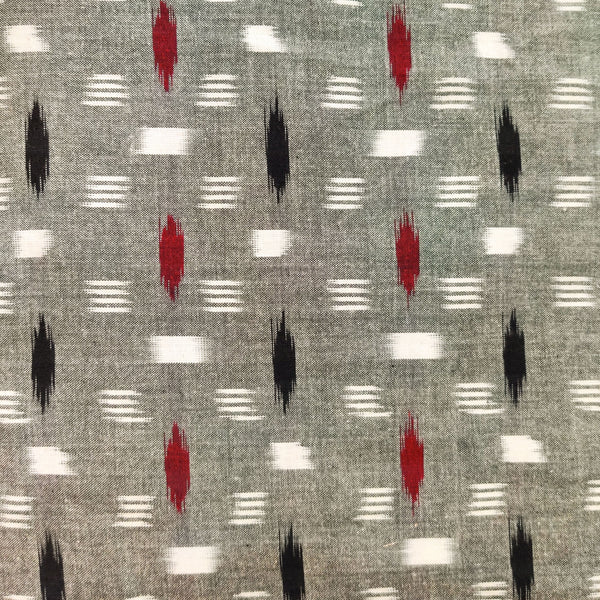 Pure Cotton Special Double Ikkat Grey With Cream Weaves With Red And Black Motives Weaves Woven Fabric