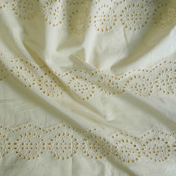 Width 46 Inches Pure Cotton Hakoba Cream With Length Wise Chakra Scalloped Border Fabric