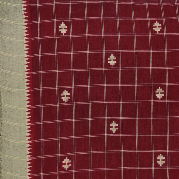 pre-cut(1.70 meter)Pure Cotton Handloom Maroon With Checks And Temple Border