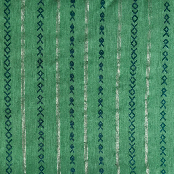 Pre-cut (1.90 meter) Pure Cotton Handloom Teal With Silver Stripes With Dark Teal Fish Stripes Woven Fabric