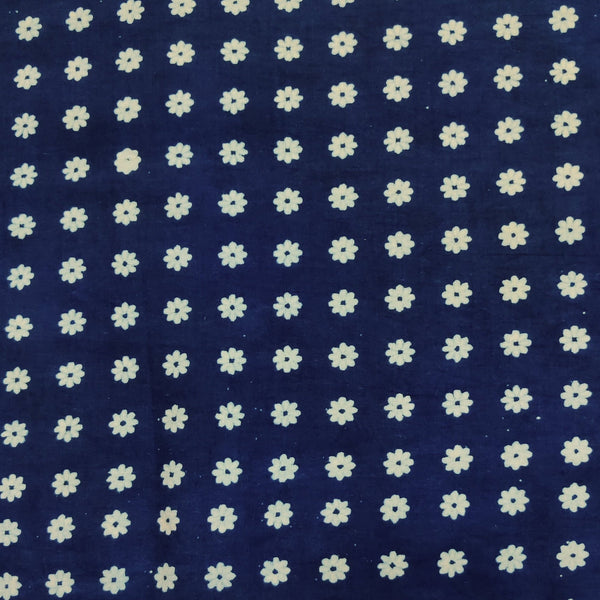 PRE-CUT(2.08 METER )Pure Cotton Indigo With Cream Small Flowers Hand Block Print Fabric