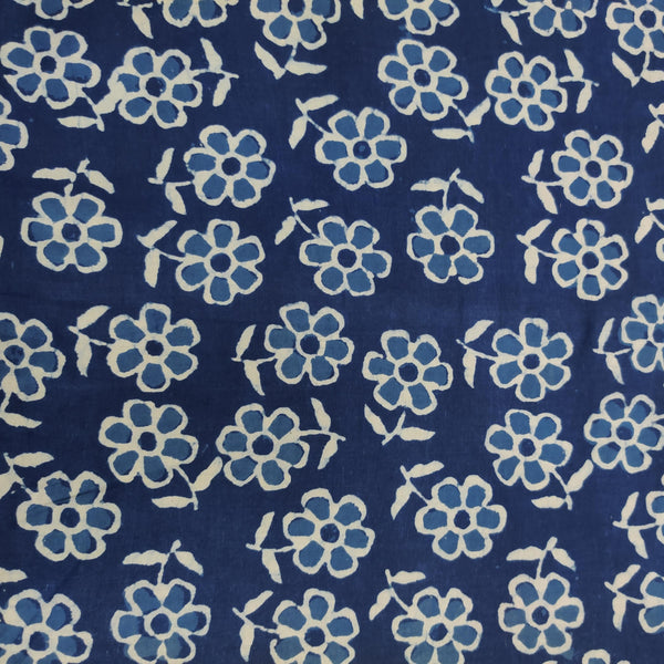 Precut 1.80 Meter Pure Cotton Indigo With Flowers On The Floor Hand Block Print Fabric