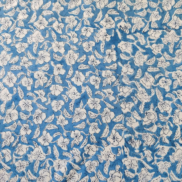 Pure Cotton Jaipuri Baby Blue With Small White Flower Jaal hand Block Print blouse Fabric ( 1.10 meter )