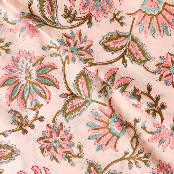 Pre-cut ( 1.38 meter ) Pure Cotton Jaipuri Baby Pink With Pink And Light Blue Wild Flower Jaal Hand Block Print Fabric