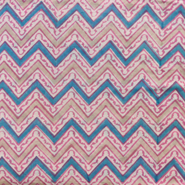 Pre-Cut 1.72 Meter Pure Cotton Jaipuri Blue Brown Pink Zig Zag Hand Block Print Fabric