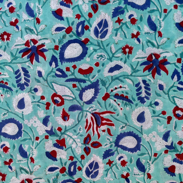 Pre-cut 1.85 meter Pure Cotton Jaipuri Blue With Dark Blue And Maroon Jaal Hand Block Print Fabric