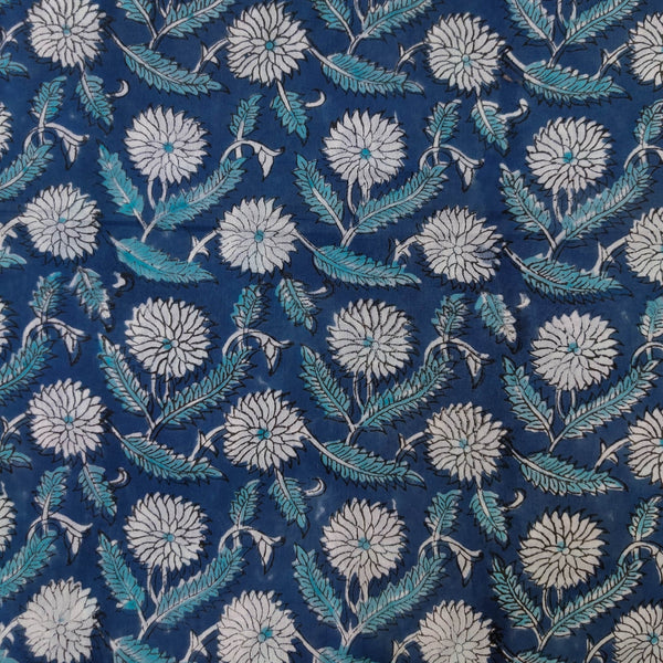 Pure Cotton Jaipuri Blue With Floral Pattern Hand Block Print Blouse Fabric ( 1.25 Meter )