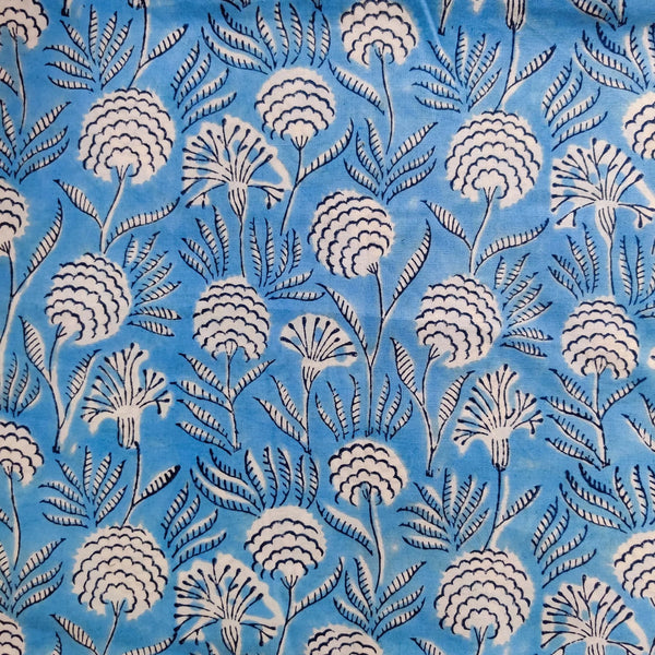 Pre-cut ( 1.75 meter )Pure Cotton Jaipuri Blue With Flower Bud Garden Hand Block Print Fabric