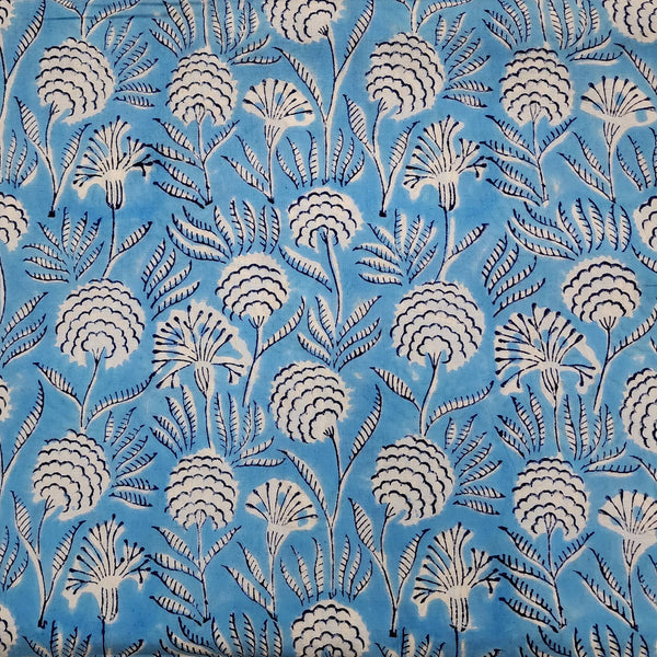 Pure Cotton Jaipuri Blue With Flower Bud Grass Hand Block Print Blouse Piece Fabric( 85 centimeter)