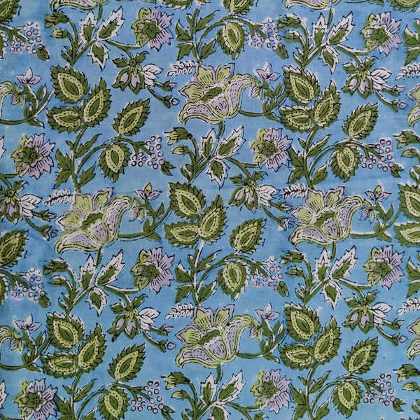 Pure Cotton Jaipuri Blue With Green Leafy Jaal Hand Block Print Blouse Fabric ( 80 cm )