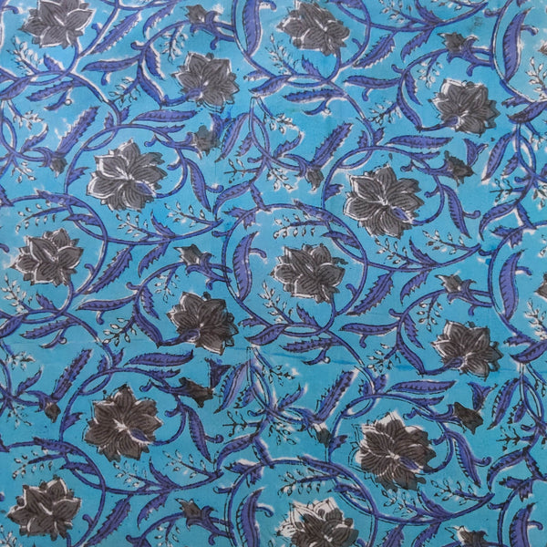 Pure Cotton Jaipuri Blue With Grey Floral Jaal Hand Block Print Blouse Piece Fabric (1.20 Meter)