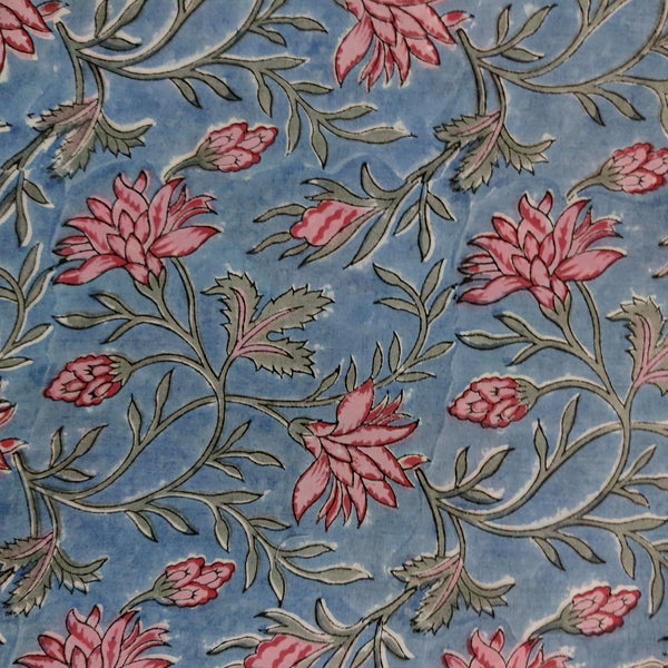 Precut 1.75 Meter Pure Cotton Jaipuri Blue With Lily Jaal Hand Block Print Fabric