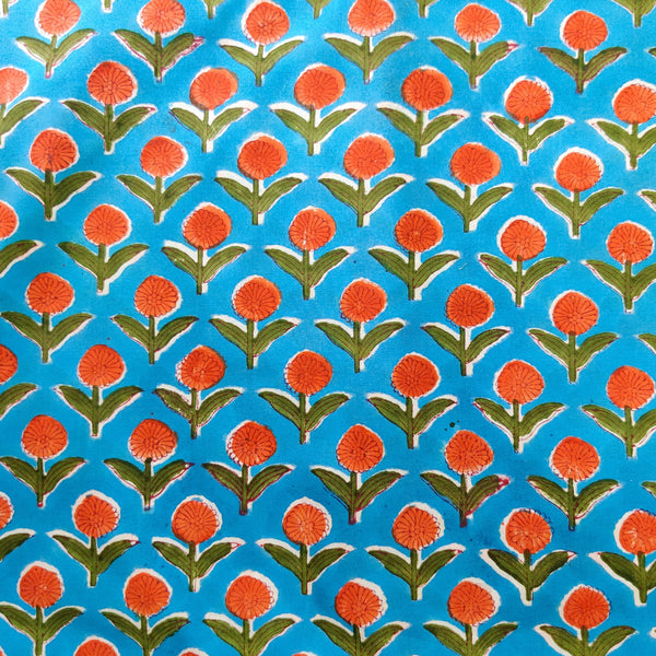 Pure Cotton Jaipuri Blue With Orange Floral Motifs hand Block Print Blouse Fabric ( 1 meter )