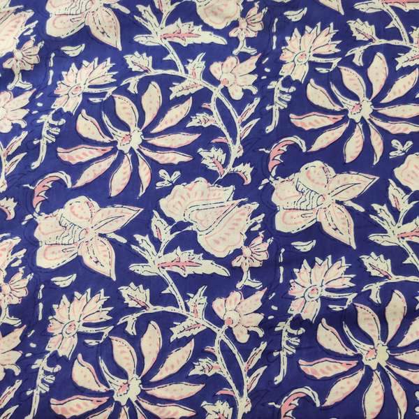 Pre-cut (1.95 meter) Pure Cotton Jaipuri Blue With Pink And White Wild Flower Jaal Hand Block Print Fabric