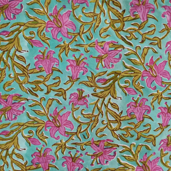 Precut 1.5 Meter Pure Cotton Jaipuri Blue With Pink Floral Gokarna Jaal Hand Block Print  Fabric