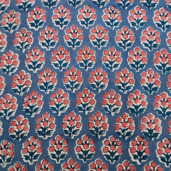 Pre-cut(1.50 meter )Pure Cotton Jaipuri Blue With Pink Six Flower Motifs Hand Bock Print Fabric