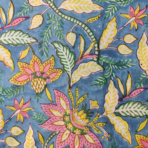 Pure Cotton Jaipuri Blue With Pink Yellow Big Flower Jaal Hand Block Print Blouse Fabric ( 0.90 CM )