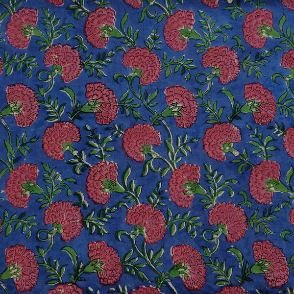 Pre Cut 1.5 Meter Pure Cotton Jaipuri Blue With Reddish Pink Marrigold Jaal Hand Block Print Fabric