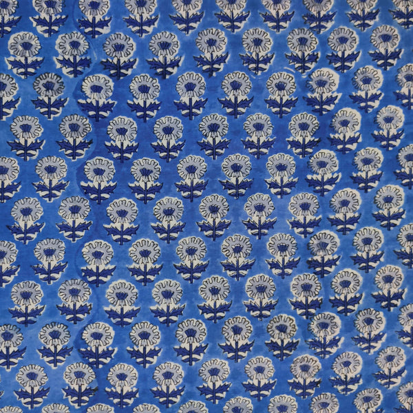 Pre-cut (2 meter)Pure Cotton Jaipuri Blue With Tiny Blue Plant Hand Block Print Fabric