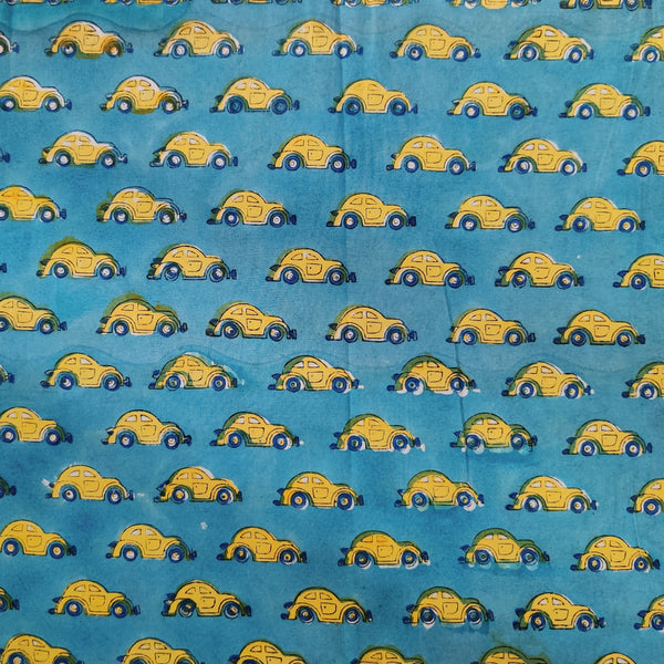 Pure Cotton Jaipuri Blue With Yellow Cars Hand Block Print Blouse Fabric ( 0.95 meter )