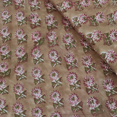 Pure Cotton Jaipuri Brown With Pink Flowers Hand Block Print Blouse Fabric ( 1 Meter )